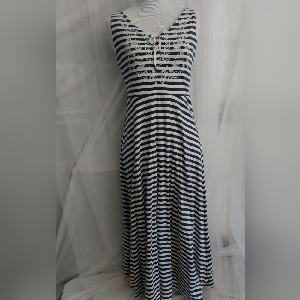 Navy and white striped cotton dress petite medium